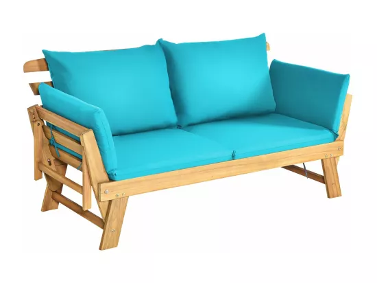 Canapé Lit de Jardin Convertible 2 Places en Bois d’Acacia avec Coussin, Canapé de Jardin 2 en 1 avec Accoudoir Réglable Charge 320KG, pour Patio Piscine (Bleu)