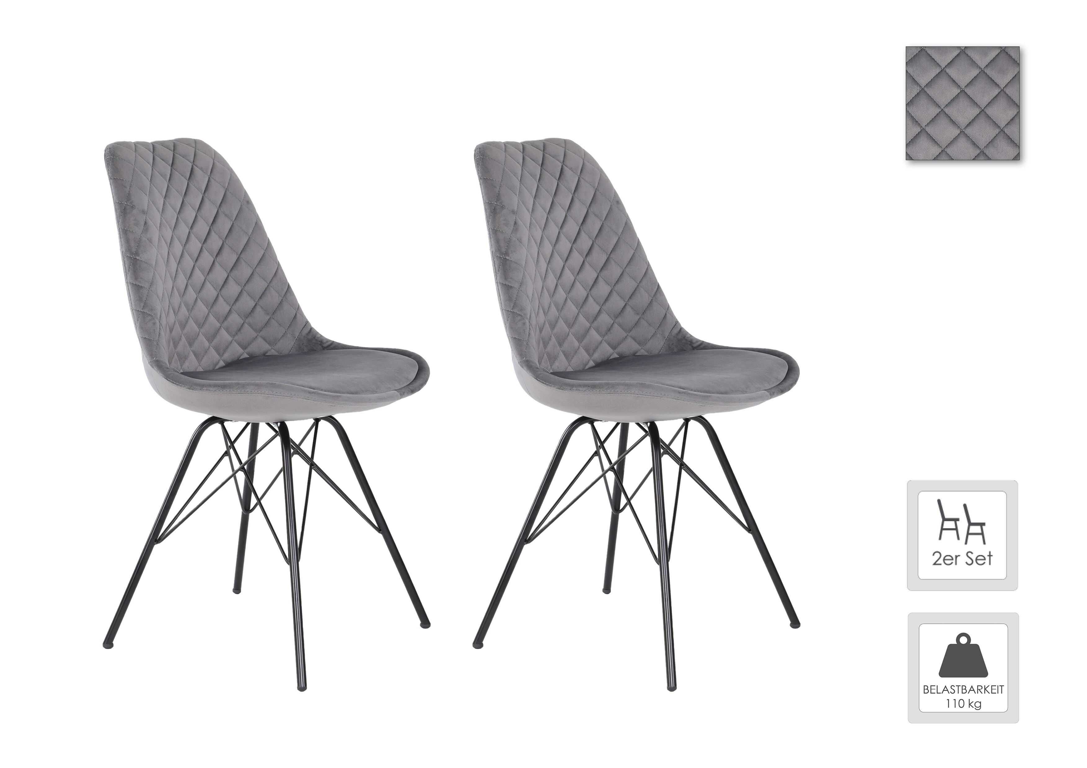 byLIVING Esszimmerstuhl RICA, 2-er Set, Samtbezug grau, Gestell Metall schwarz