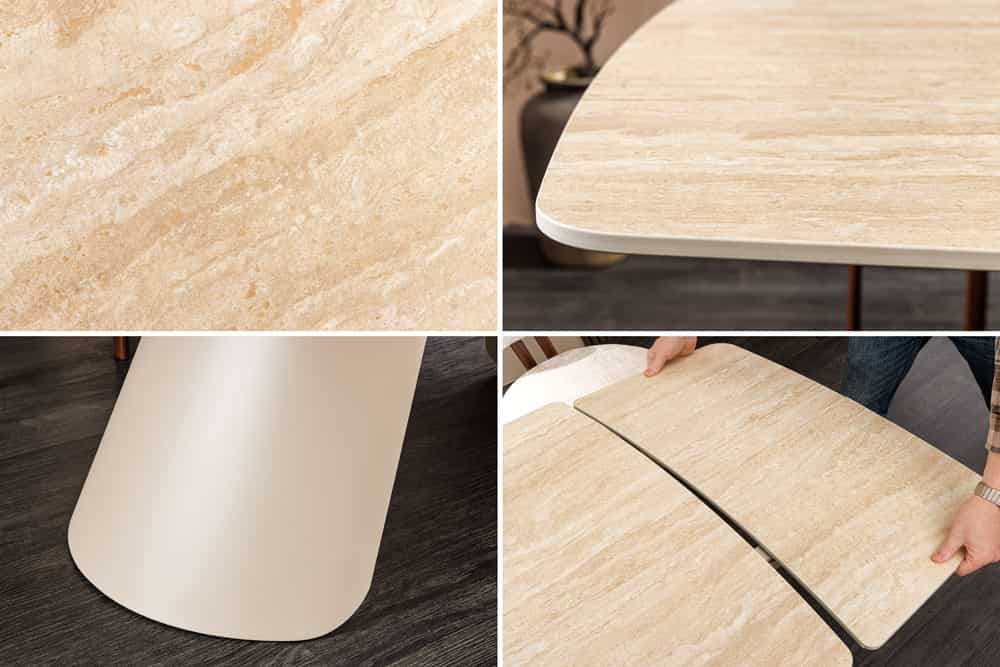 Ausziehbarer Esstisch VOGUE 160-240cm beige Keramik Travertin Metall champagner greige