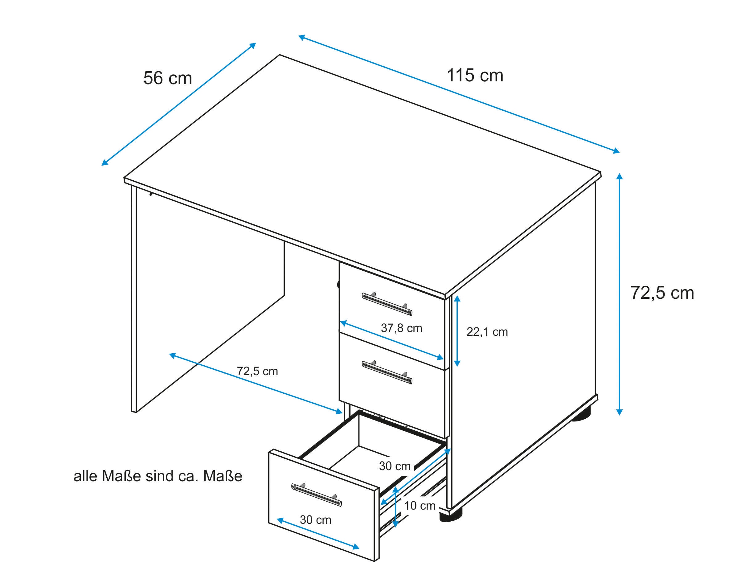VOGL Möbelfabrik Schreibtisch »Tobi, optional mit Tastaturauszug,« mit 3 Schubkästen, Breite 115 cm, Made in Germany
