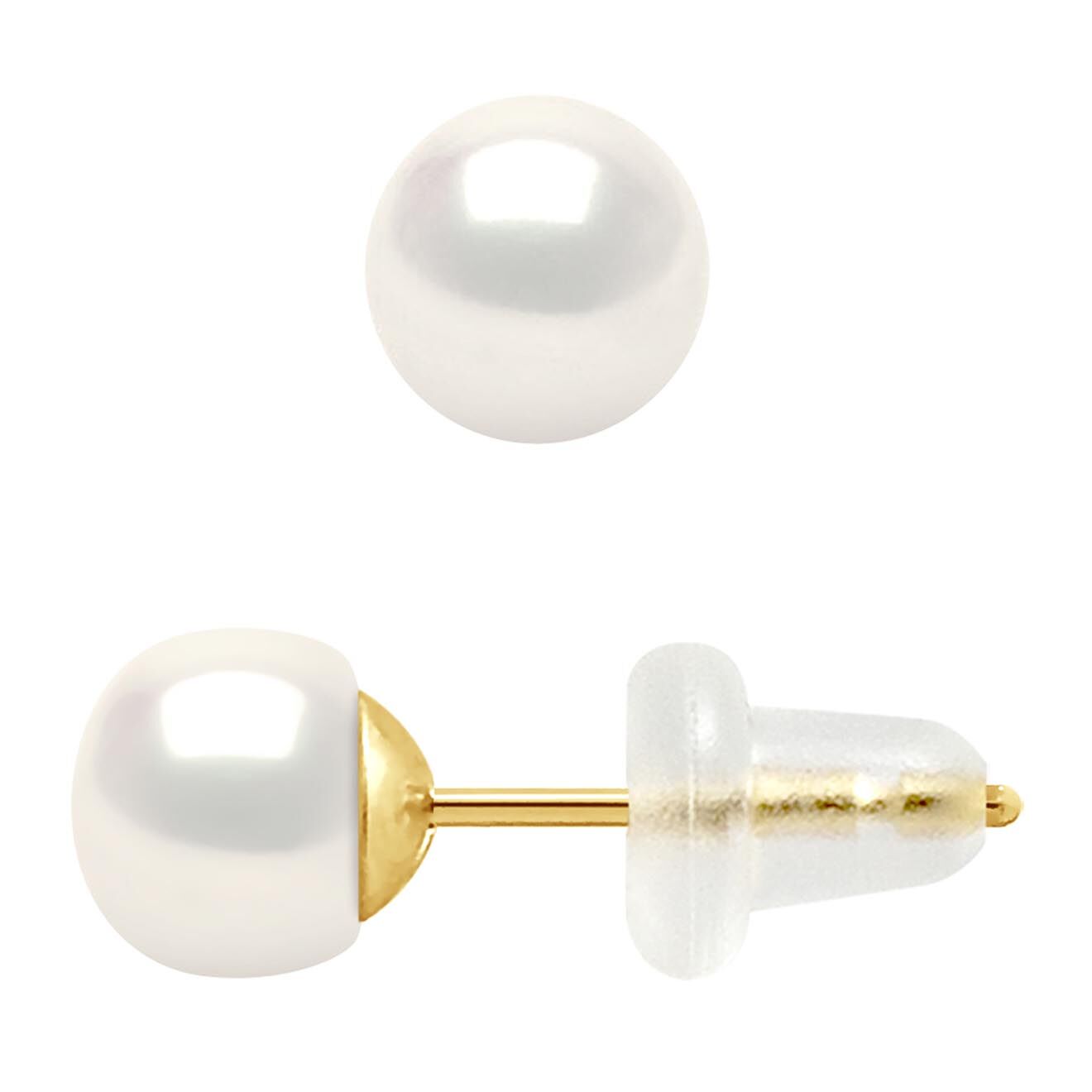 Mitzuko Boucles d'Oreilles Or Jaune & Perles d'Eau Douce boutons blanc naturel