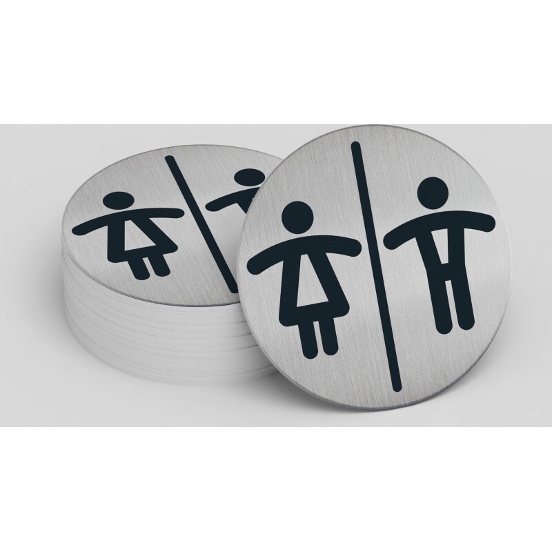 Pictogramme rond de porte - Toilettes Mixtes H/F - diam : 83mm  - acier