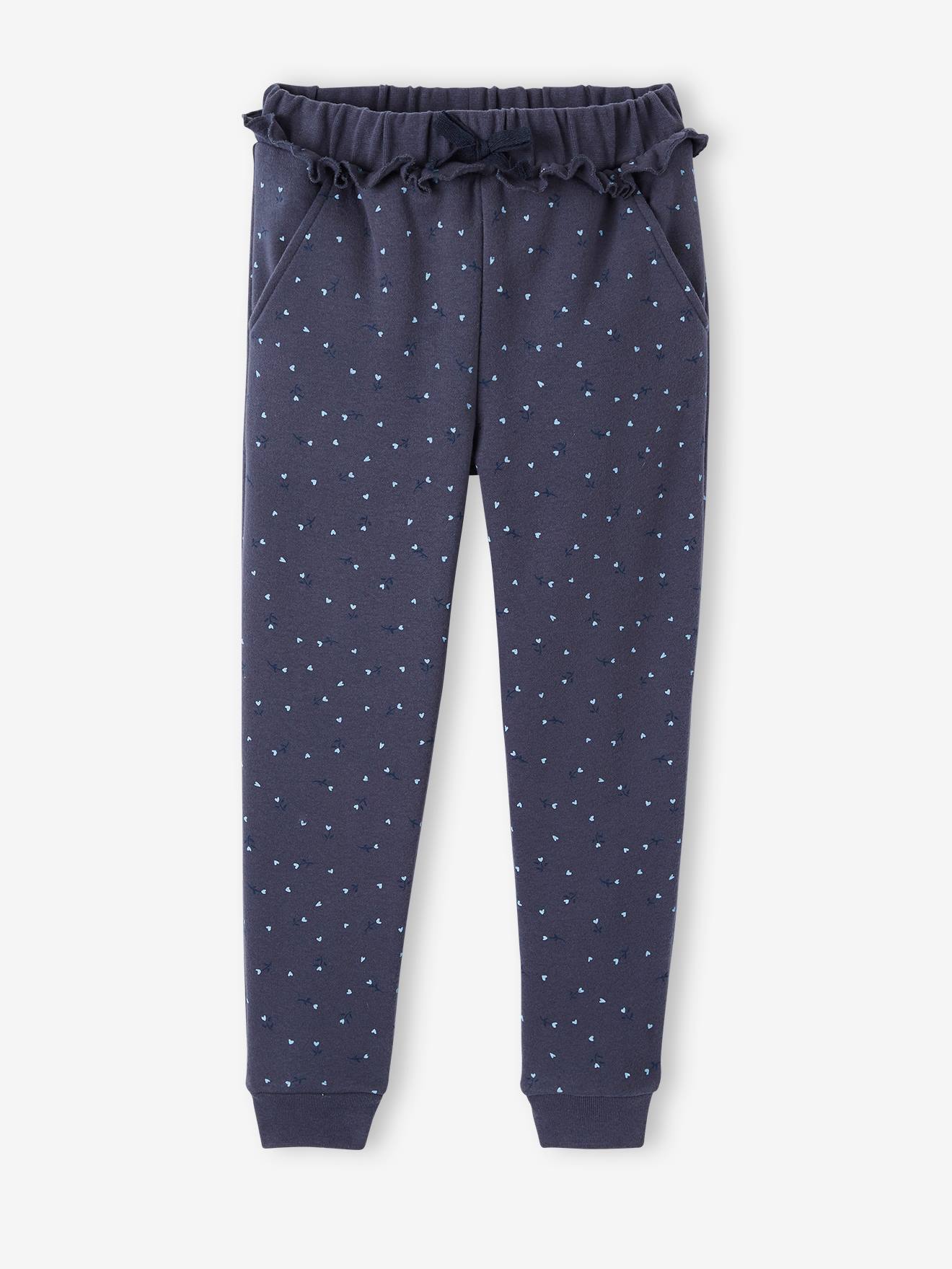Calça de moletom com babados e estampa floral, estampa azul escura, para meninas.