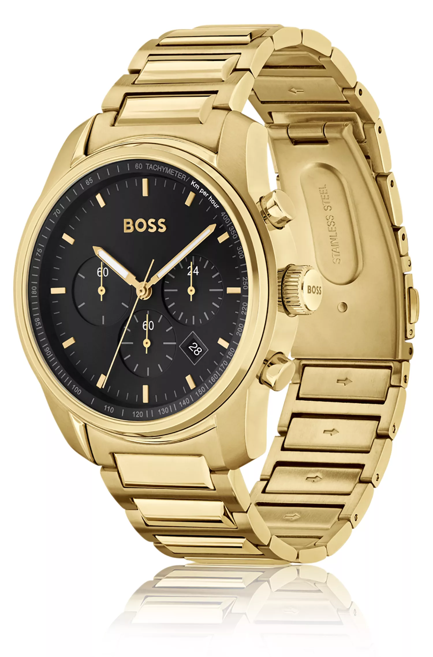 Relógio cronógrafo BOSS com efeito preto e dourado e mostrador preto.