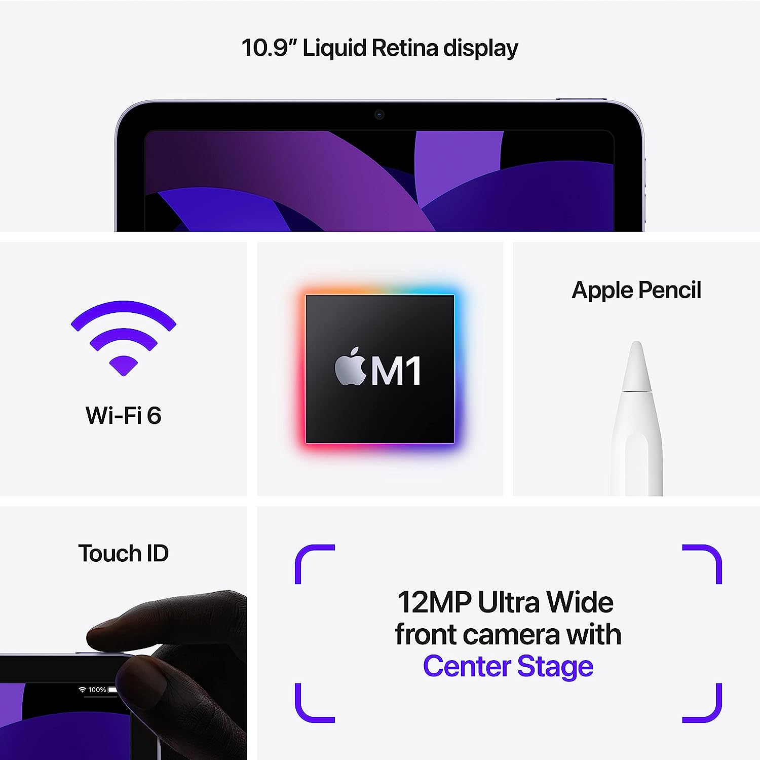 Apple iPad Air (5ª geração): com chip M1, tela Liquid Retina de 10,9 polegadas, Wi-Fi 6, câmera frontal de 12 MP/traseira de 12 MP, Touch ID, bateria para o dia todo – Roxo