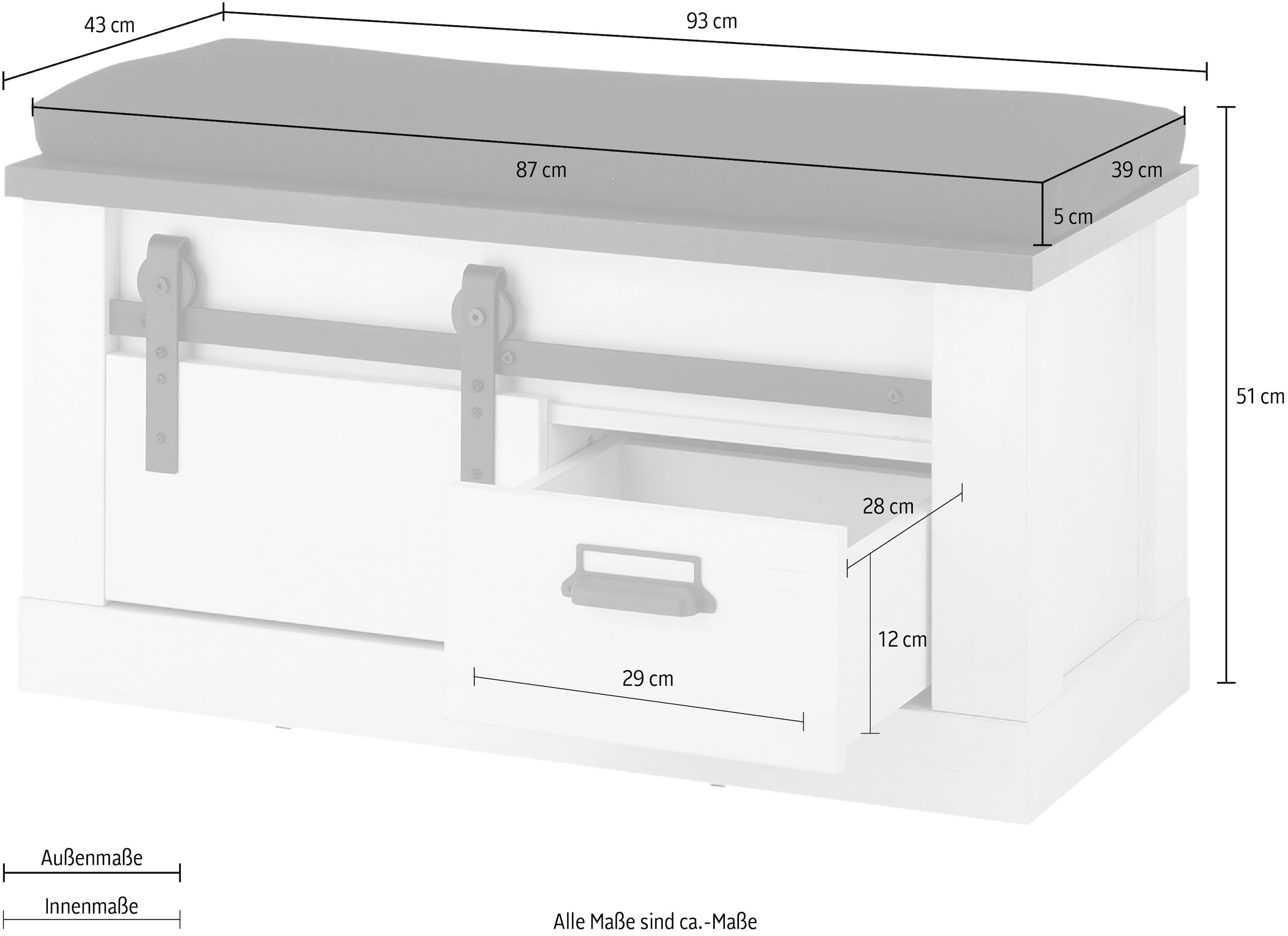 Home affaire Sitzbank »SHERWOOD« modernes Holz Dekor, mit Scheunentorbeschlag aus Metall, Breite 93 cm
