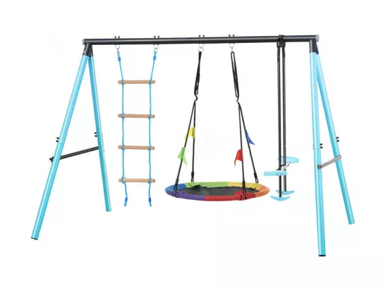 Jeux plein air cadre en métal - balançoire réglable en hauteur et échelle d'escalade - convient aux enfants à partir de 3 ans - Bleu
