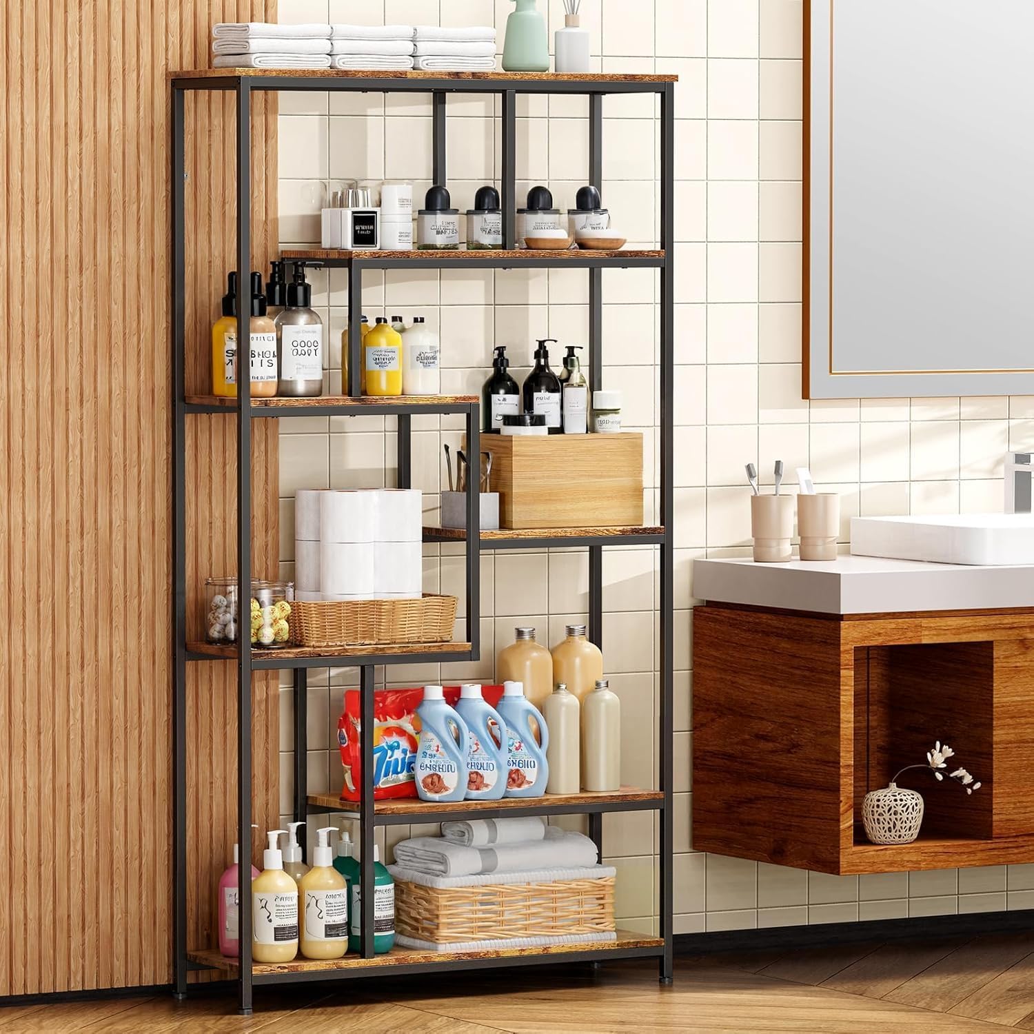 Bealife Bücherregal, 5-stöckiges Versetztes Bücherregal. Offenes Freistehendes Regal für Wohnzimmer, Industriedesign, 98 x 30 x 180 cm, Büro, Arbeitszimmer, Retro OR4751734