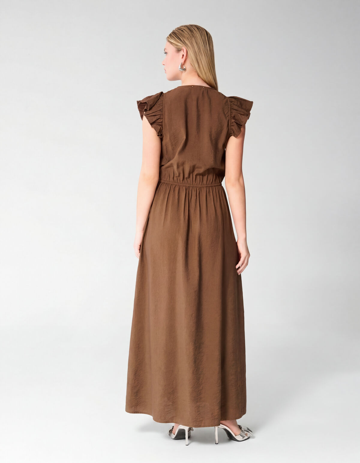 Ruffle V-hals Maxi Jurk Donkerbruin