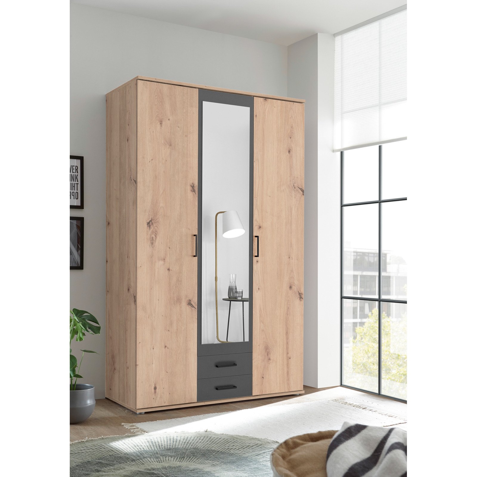 Drehtürenschrank Chicago Melamin Dekor Artisan/Anthrazit 120 x 97 x 54 cm, mit Spiegel