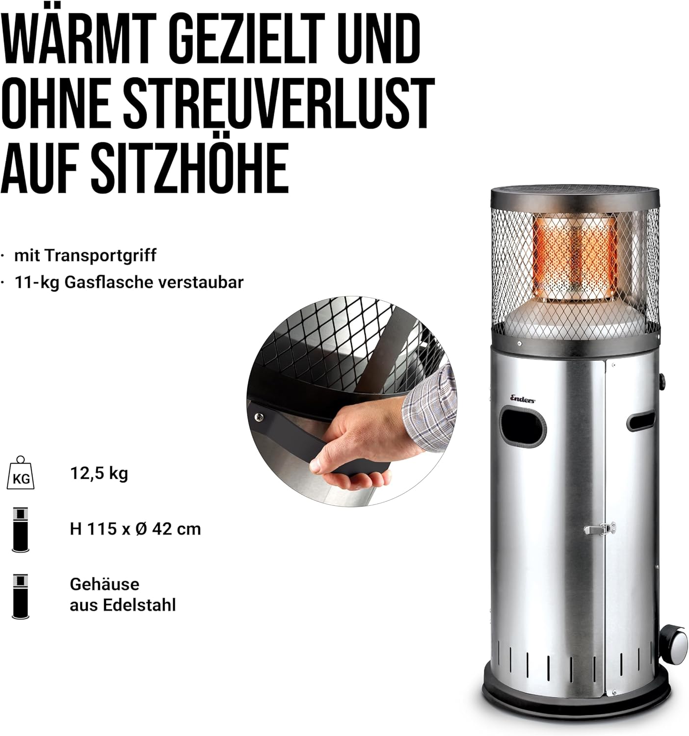 Enders® Terrassenheizer Gas POLO 2.0, Gas-Heizstrahler, Terrassenstrahler mit stufenloser Regulierung, ENDUR Reflektionssystem, Transporträder, Umkippsicherung #5461