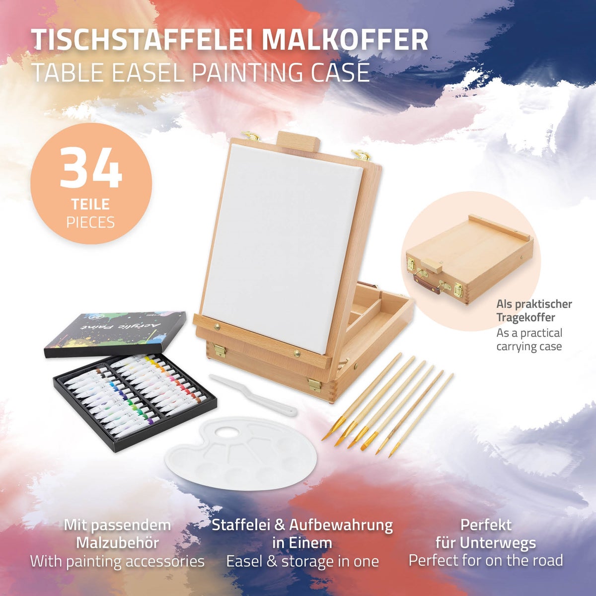 ECD Germany 34-delige acrylverfset met ezel, acrylverfset met koffer-ezel, 24 acrylverven, gespannen canvas, penselen en schilderaccessoires, tafel-ezel, houten schilderkoffer, voor kunstenaars en beginners