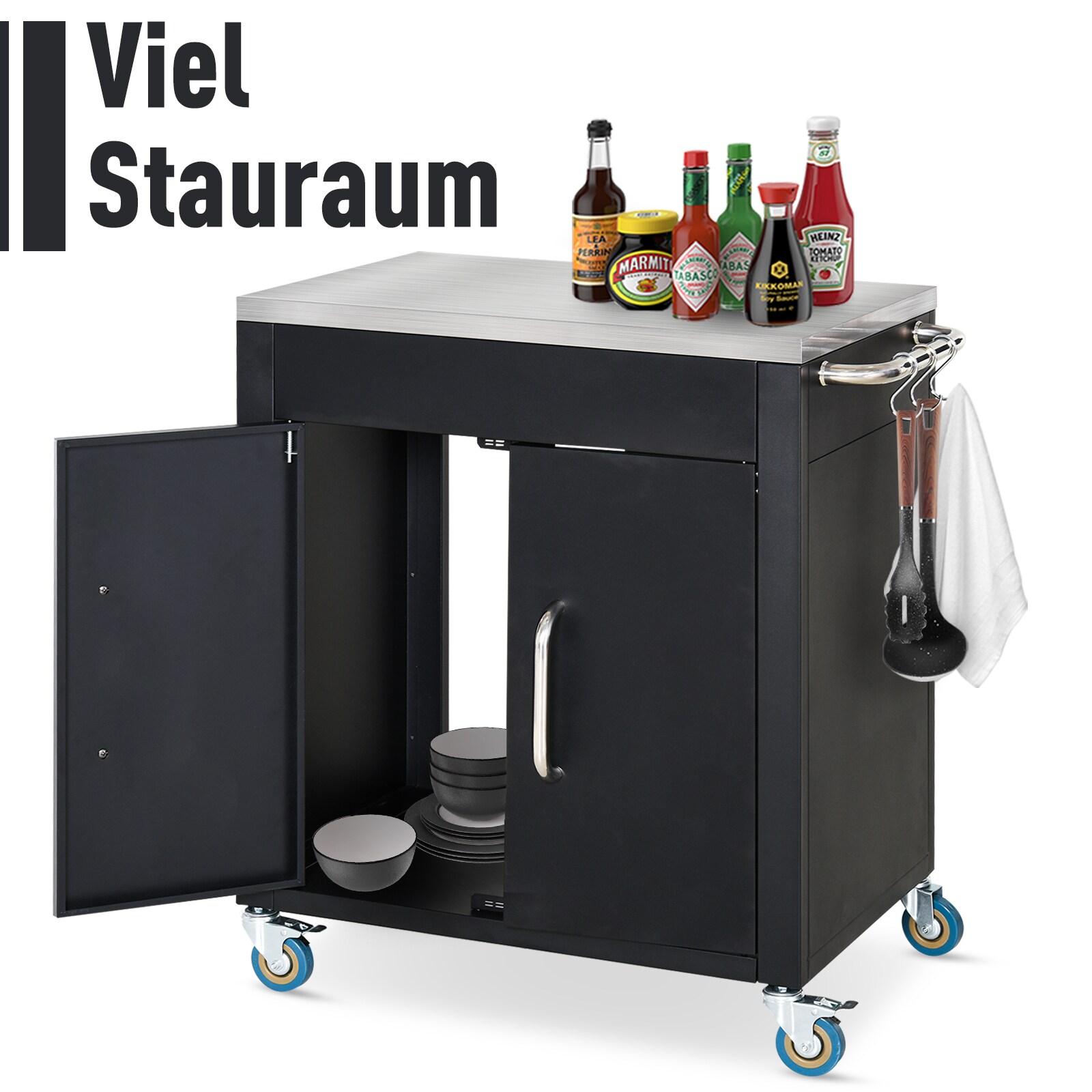 HOMCOM Küchenschrank auf Rollen schwarz 86 x 50 x 84,5 cm (BxTxH)