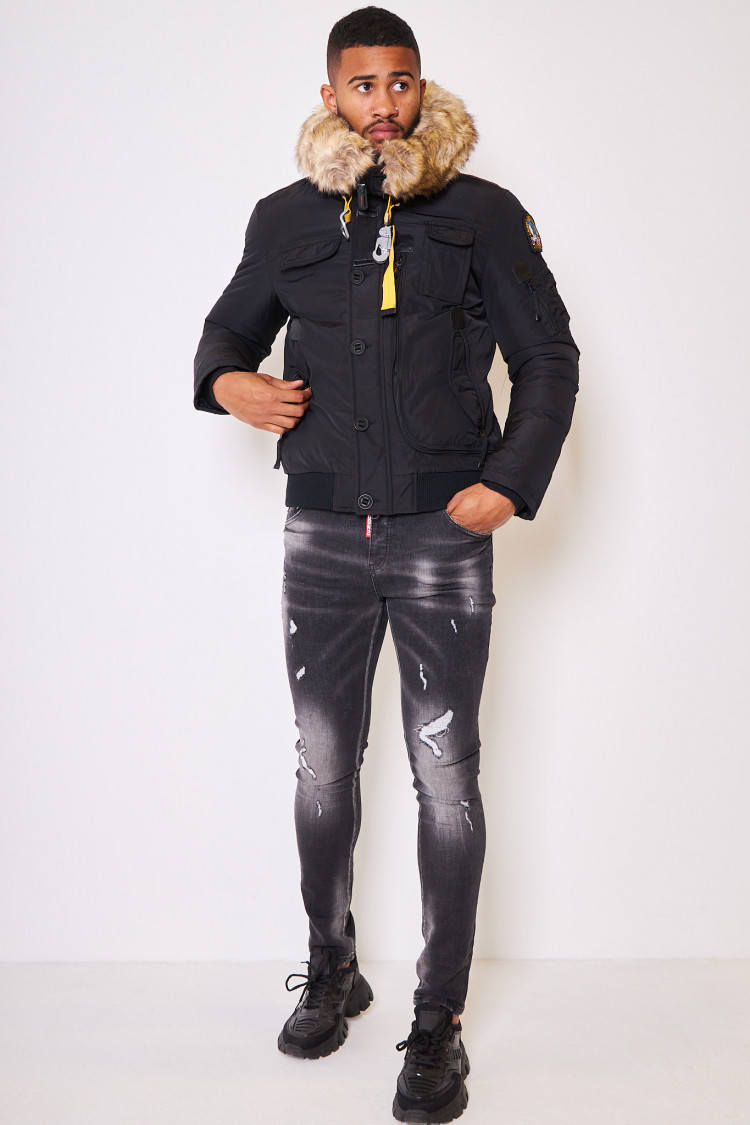 Parka courte noire multi-poches à capuche à fourrure
