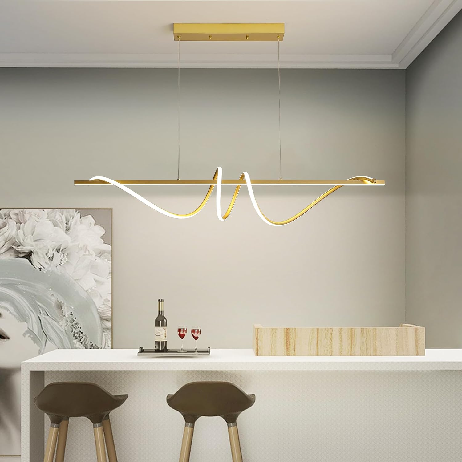 Mikeru Hängeleuchte Wohnzimmer 100cm, Golden Spiral Pendelleuchten LED Pendelleuchte mit Memory-Funktion 10%-100% Dimmbar 3000K Warmweißes/4500K Neutrales/6500K Kaltweißes für das Esszimmer