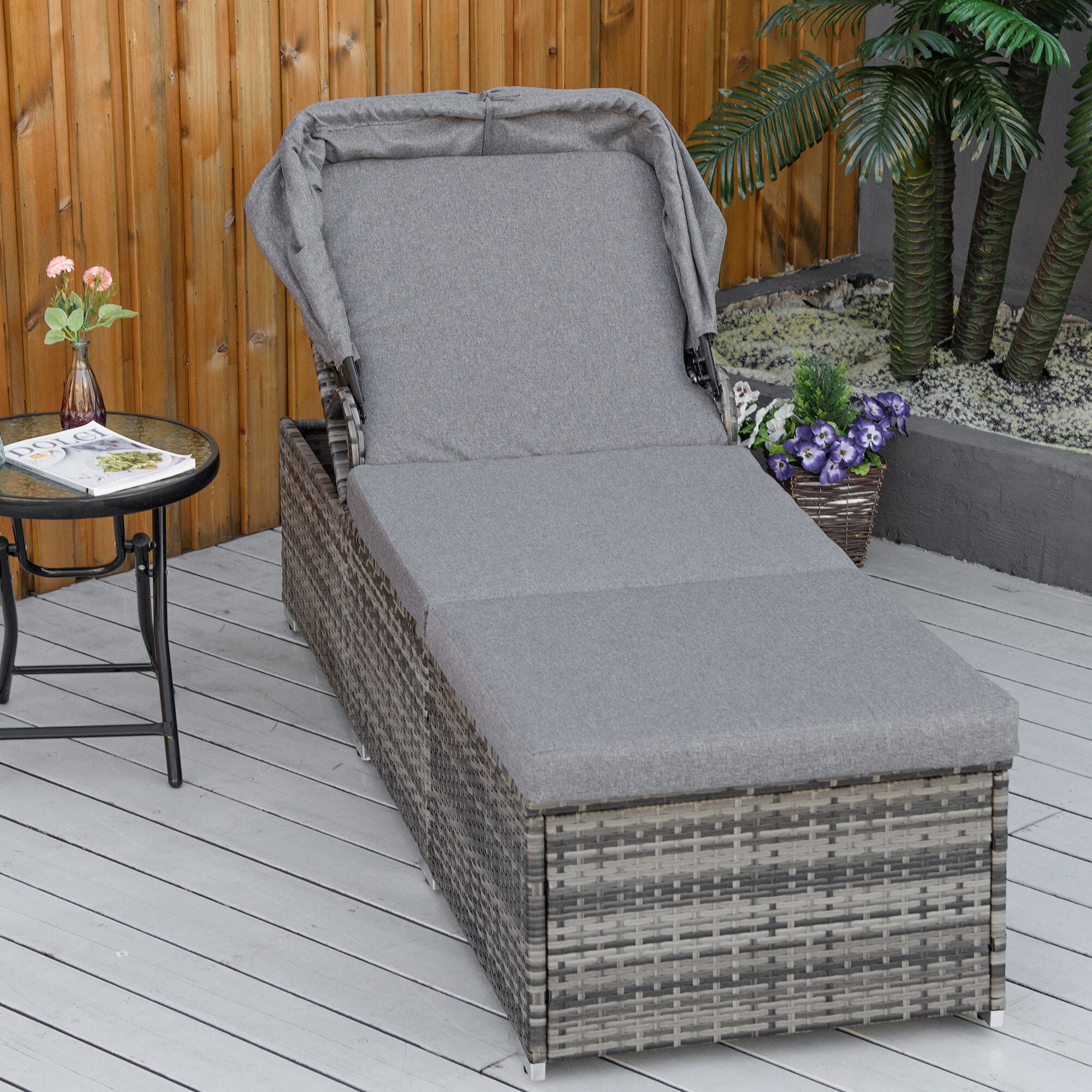 Outsunny Rattan Liege mit Sonnendach grau 195L x 65B x 40H cm