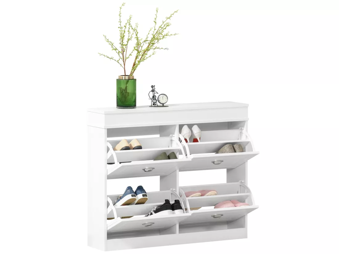 Armoire à chaussures meuble à chaussures rangement pour 32 paires dim. 98L x 24l x 83H cm 4 portes abattantes double niveau MDF blanc