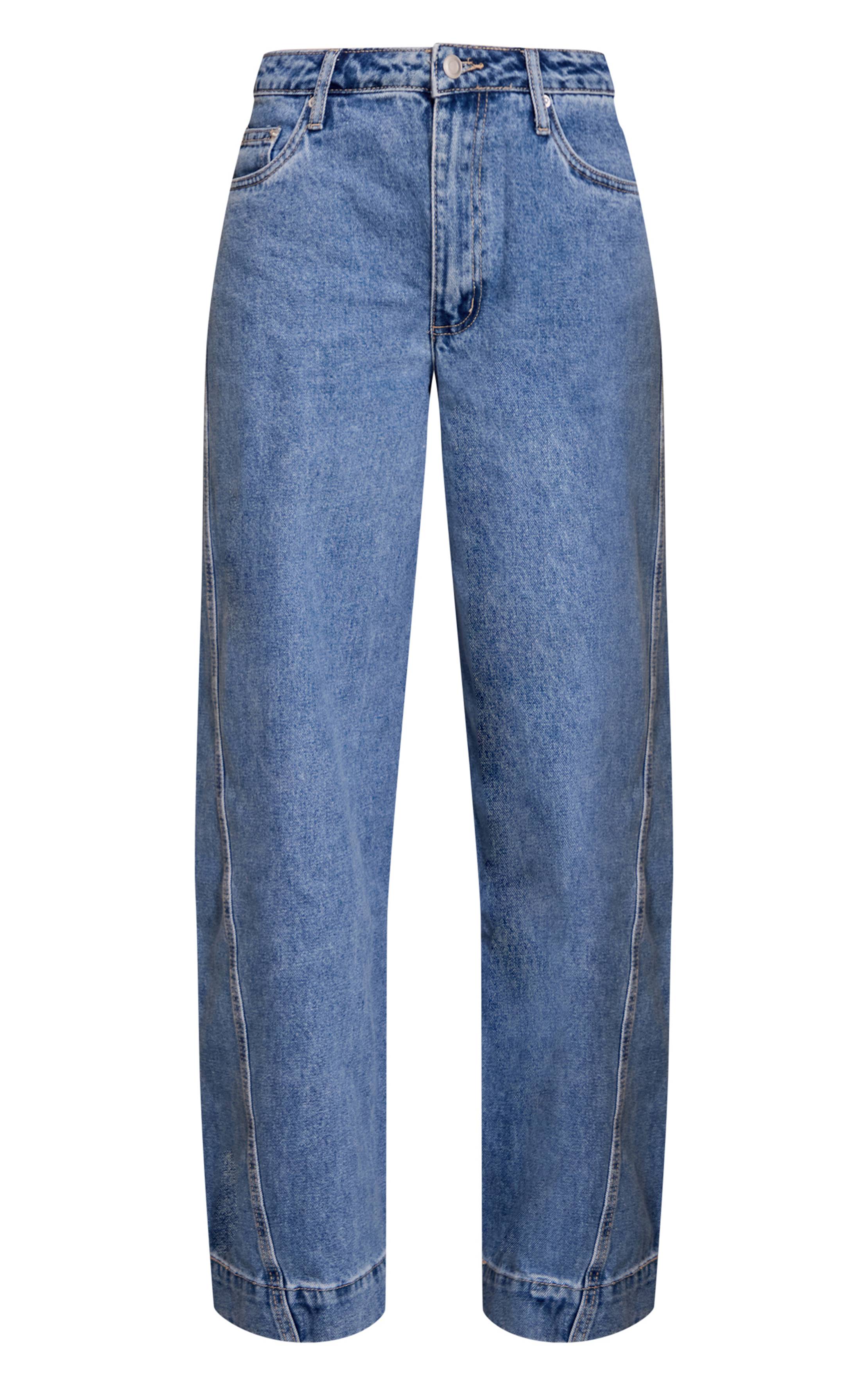 Mid Blue Wash Jean Large Bleu Moyen Décontracté Taille Mi-haute Avec Détails De Coutures