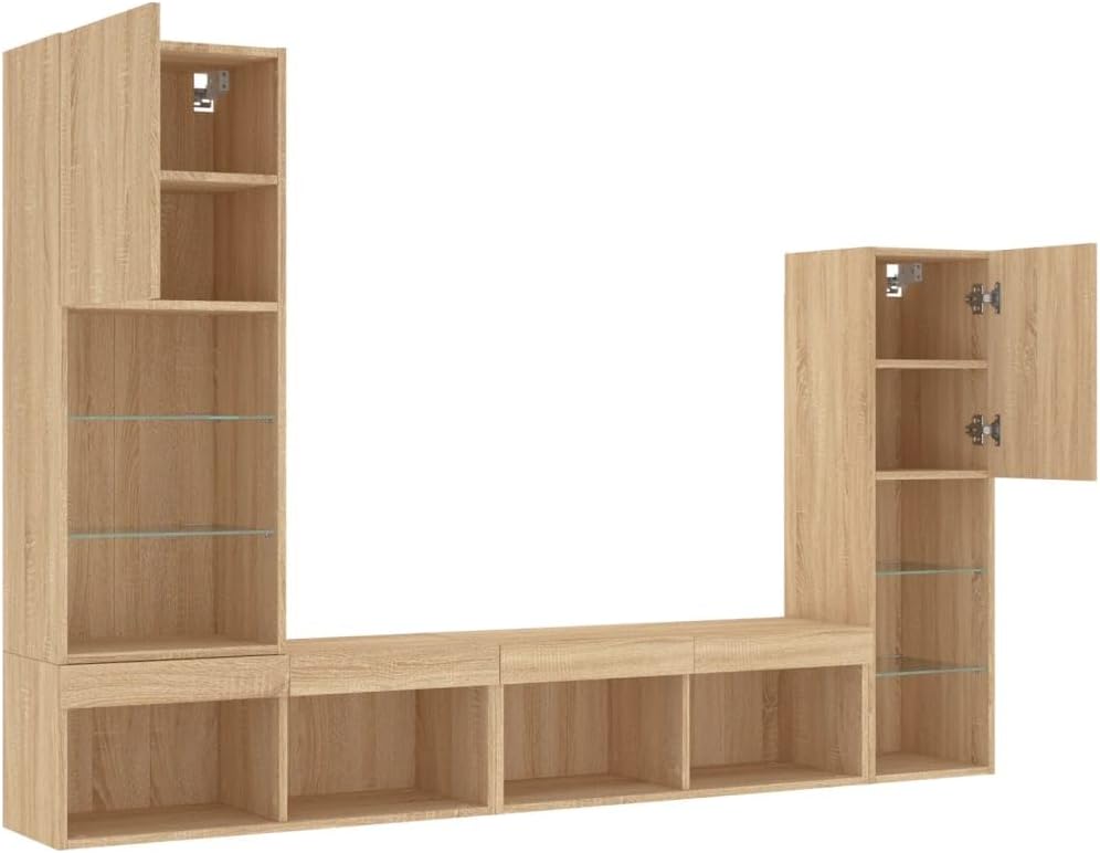 vidaXL Wohnwand 4-TLG., Schrankwand mit viel Stauraum, Anbauwand mit LED-Beleuchtung, Wandmontage Fernsehschrank Wohnzimmer Set Schrank, Sonoma-Eiche Holzwerkstoff