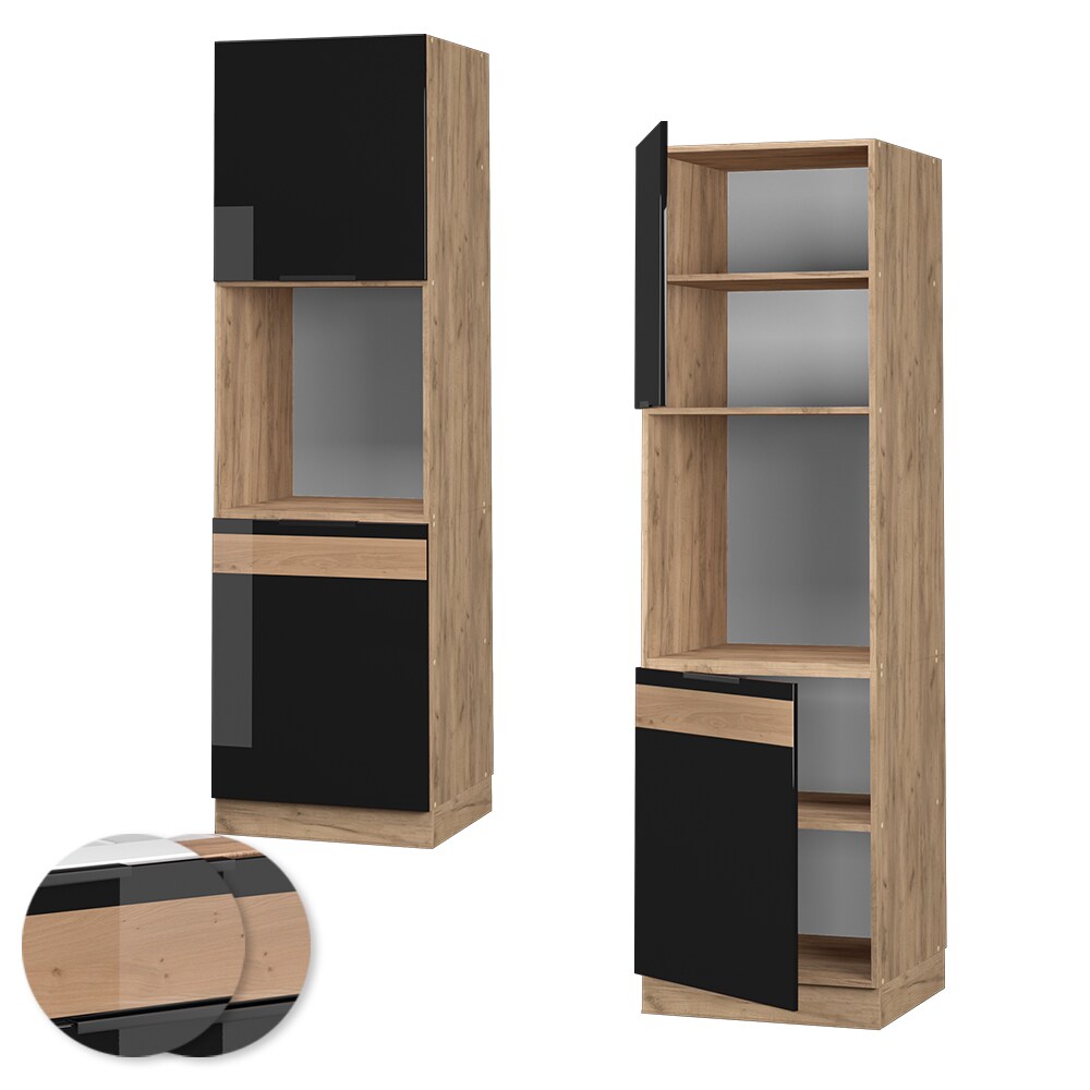 Vicco Herdhochschrank Küchenschrank Küchenmöbel Fame-Line Eiche Schwarz 60 cm modern Hochglanz
