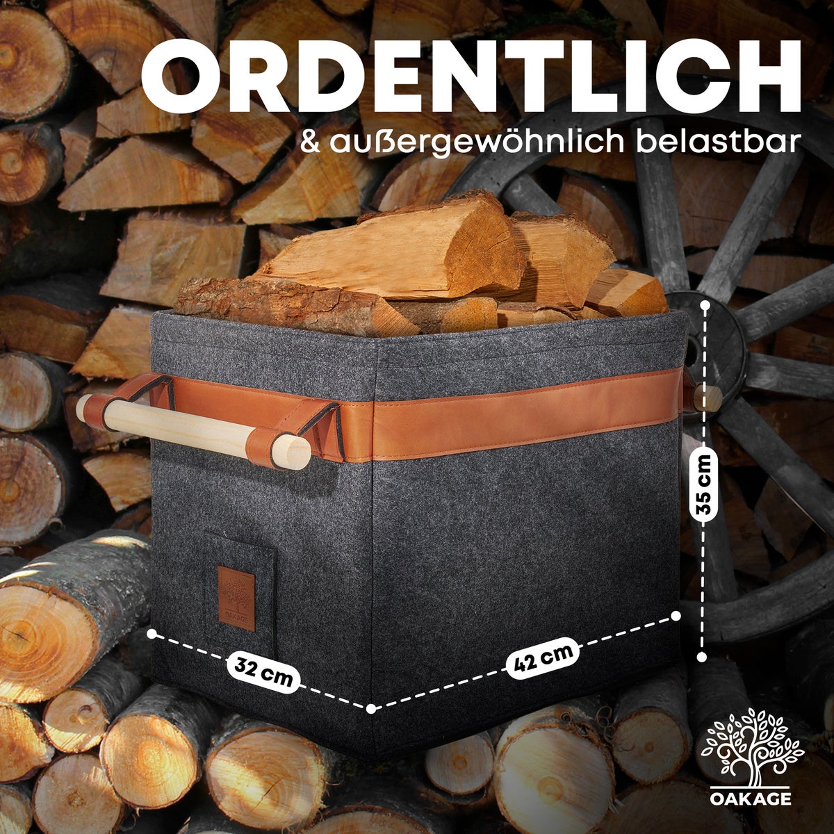 OAKAGE® Klassieke donkergrijze houten mand met vilt - Metalen frame voor extra stabiliteit - 42x32x35cm