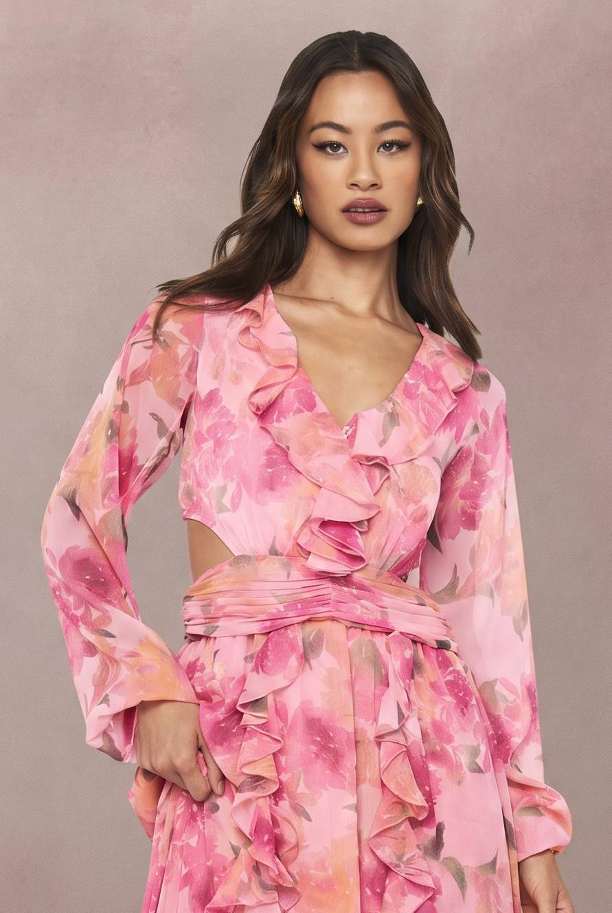 boohoo Robe Longue En Mousseline À Imprimé Floral Et Manches Volumineuses Pour Grande Taille