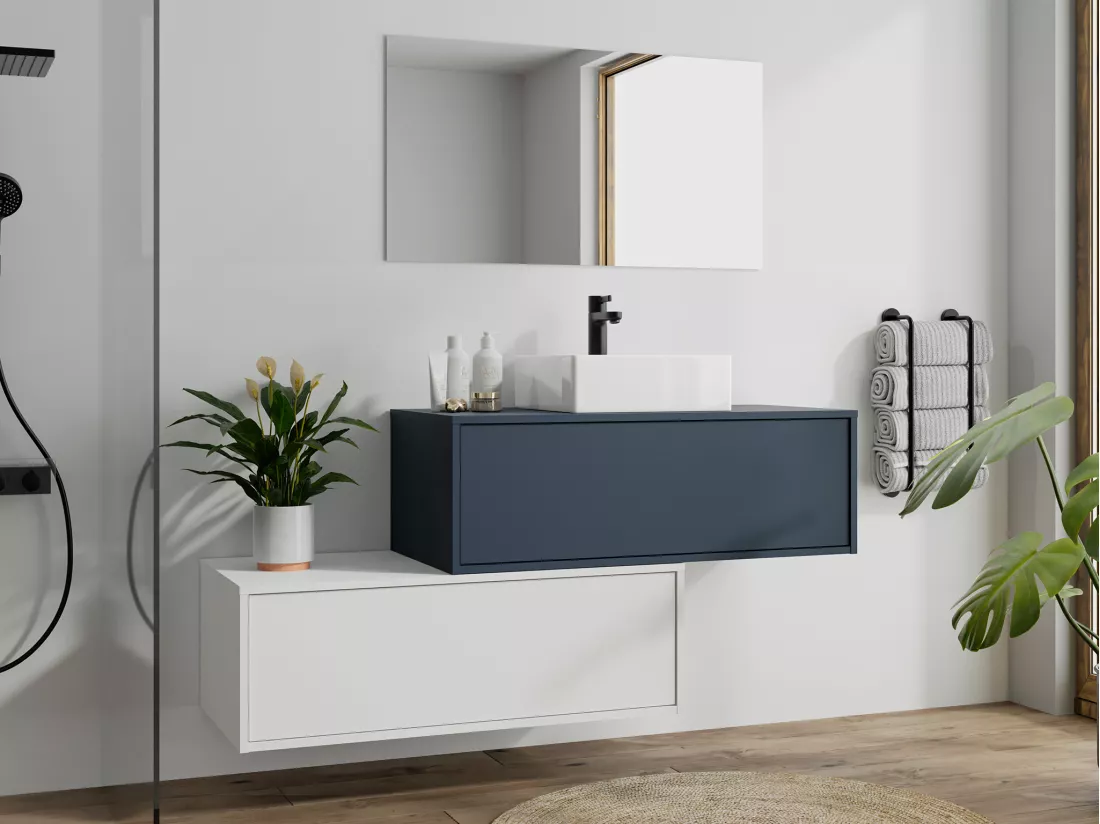 Meuble de salle de bain suspendu bleu nuit et blanc avec simple vasque carrée et deux tiroirs - TEANA II