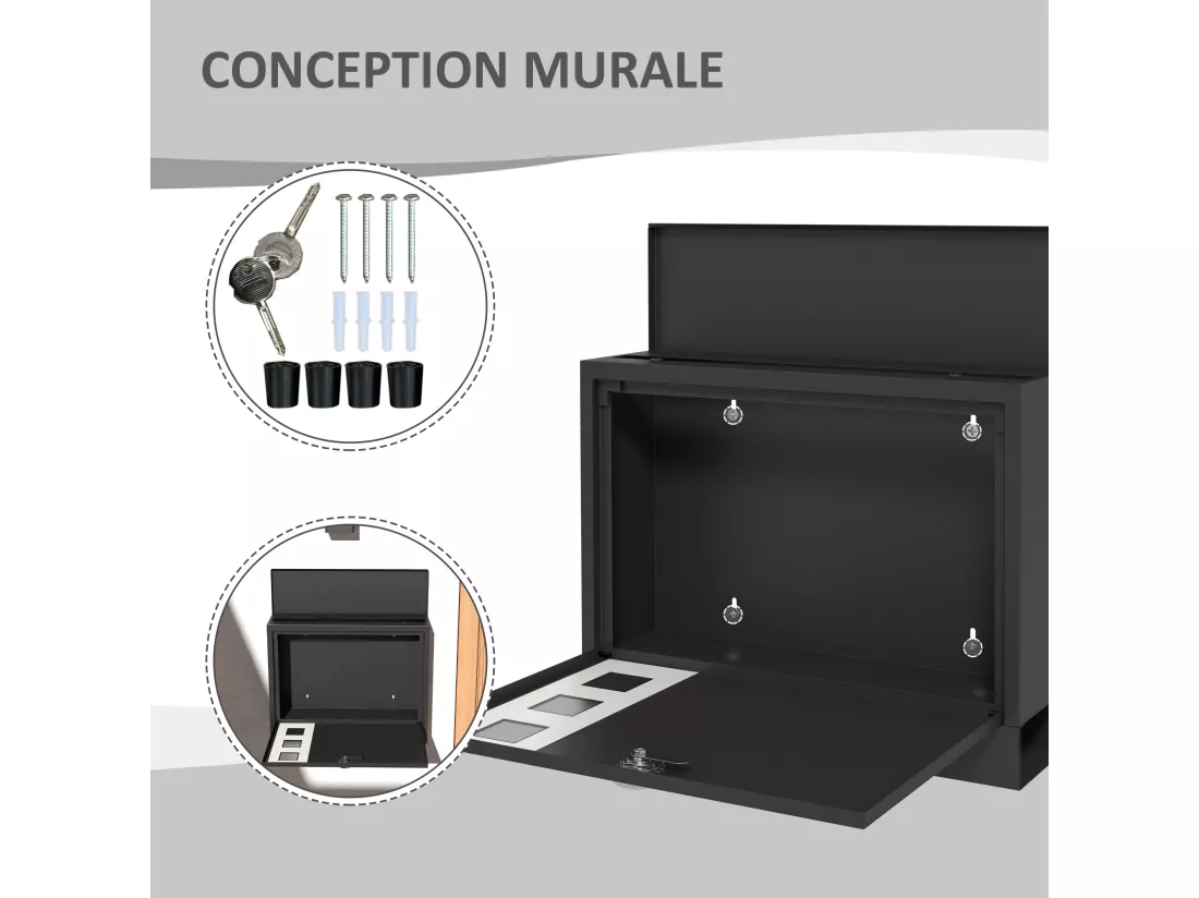 Boite aux lettres murale moderne en métal, boîte aux lettres extérieure verrouillable 2 clés fournis, avec matériel de Montage, 36,5 x 11,5 x 29 cm, gris anthracite