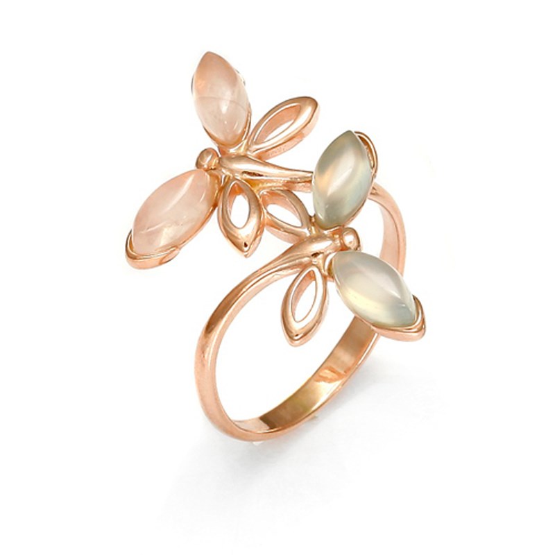 Bague papillon argent doré rose quartz rose et agate aqua