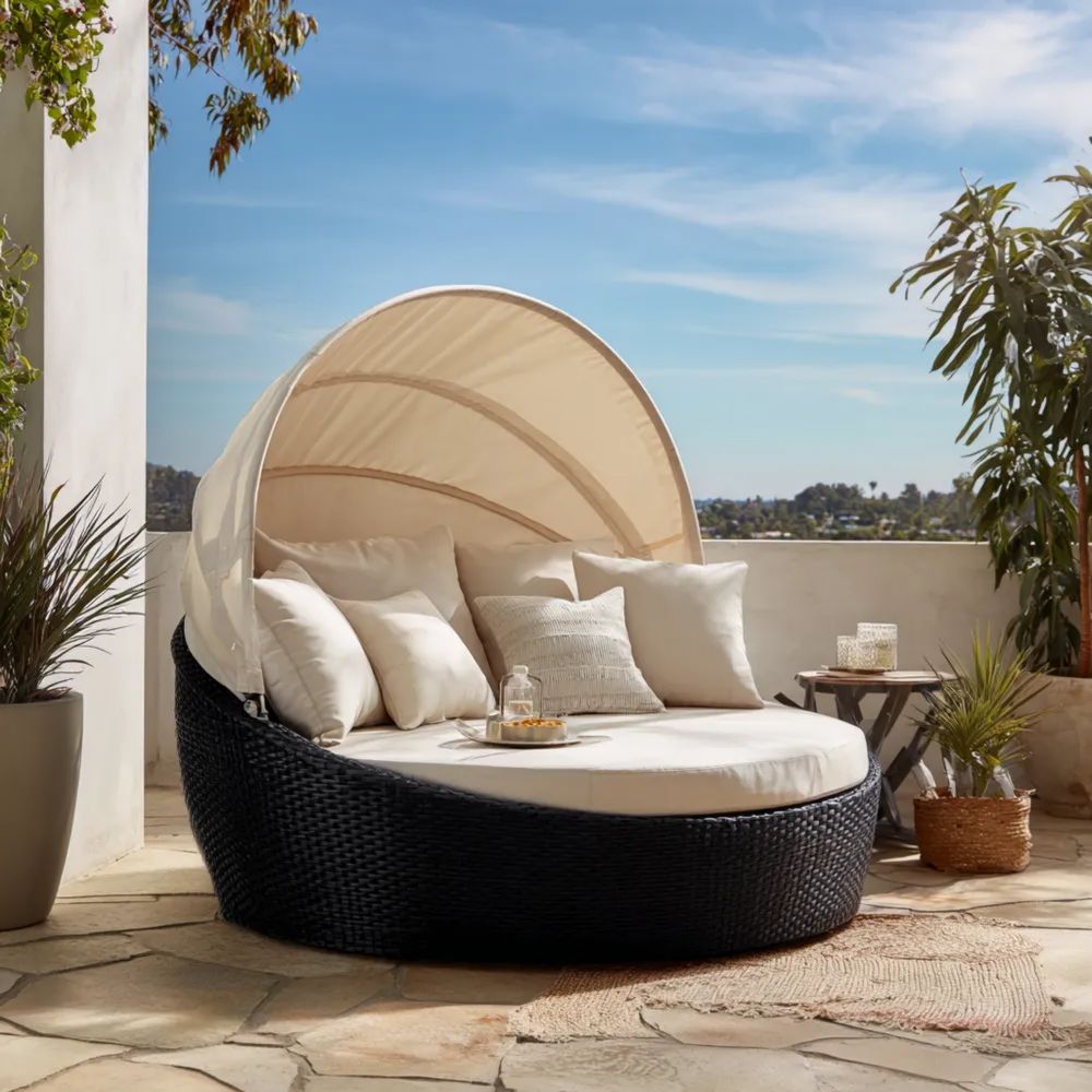 Runde Rattan Gartenliege 180x180x150 cm mit Verstellbarem Verdeck – Sc