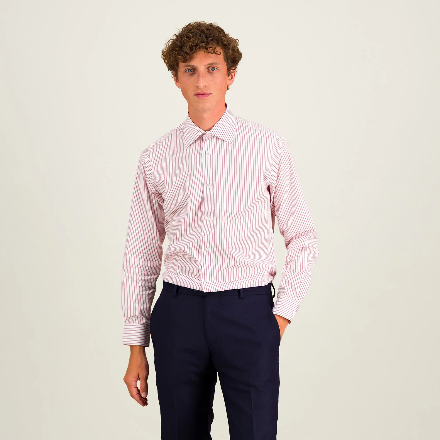 White and red striped double-twisted poplin shirt