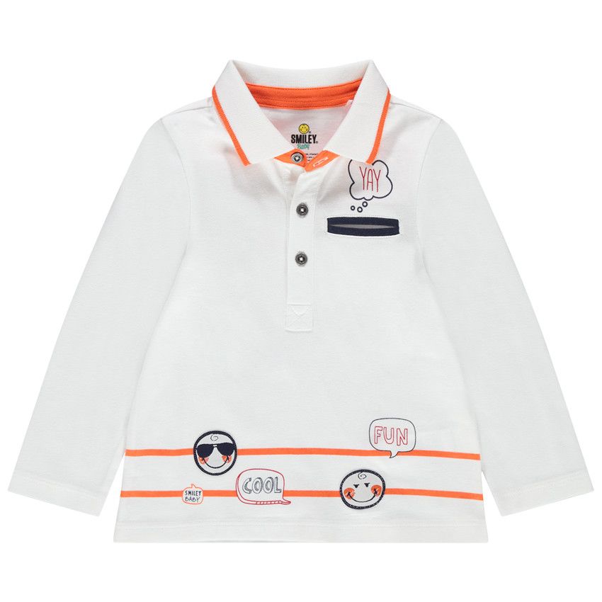 Polo manches longues en coton bio à print et badges Smiley Baby - Blanc