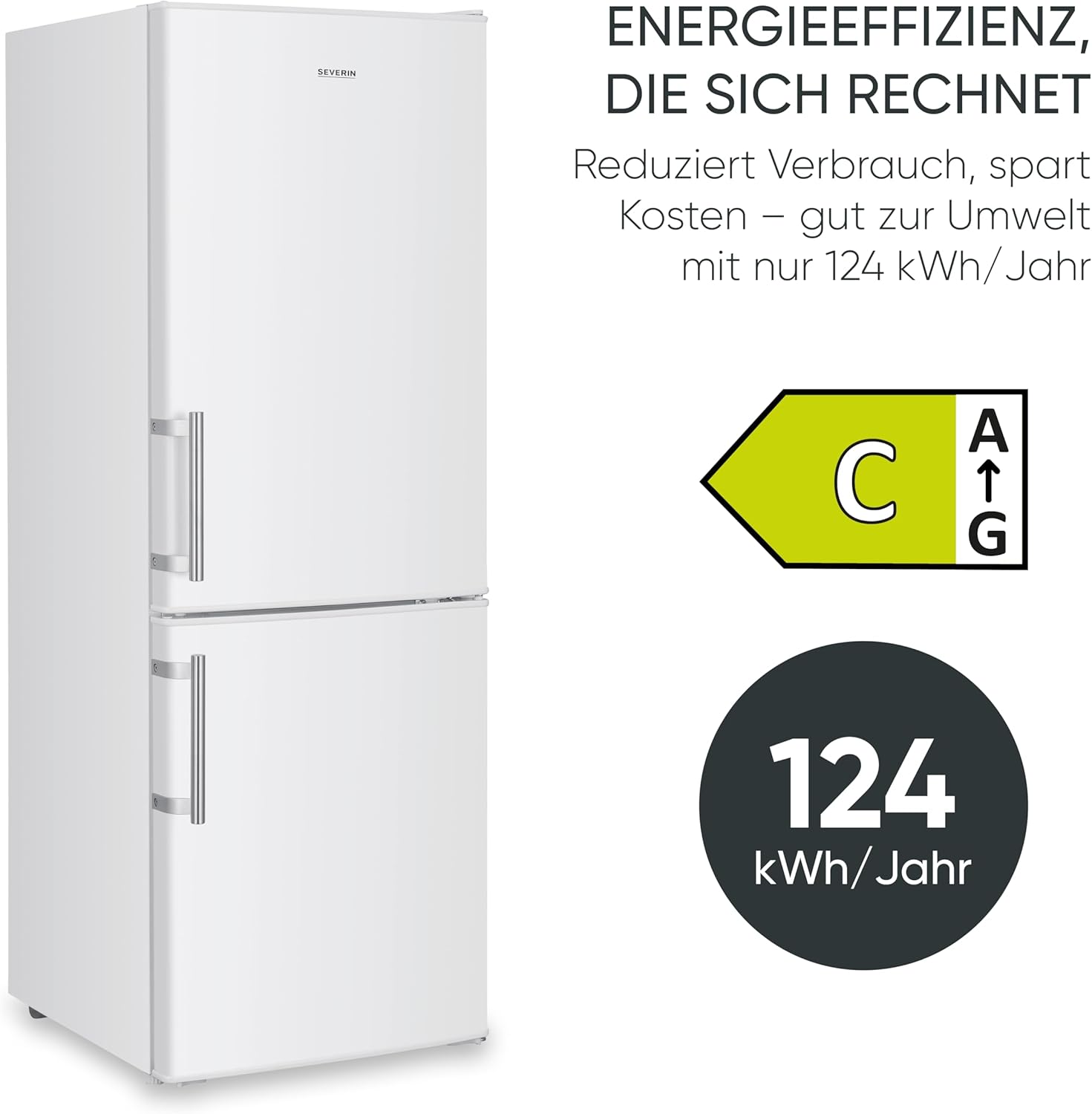 SEVERIN Kühl-Gefrierkombination, Energieeffizienzklasse C, Kühlen 121L, Gefrieren 52L, LED Beleuchtung, 142,5 cm Höhe, 4-Sterne-Gefrierfach, verstellbare Ablagefläche, 124 kWh, weiß/Metall, DT 8770