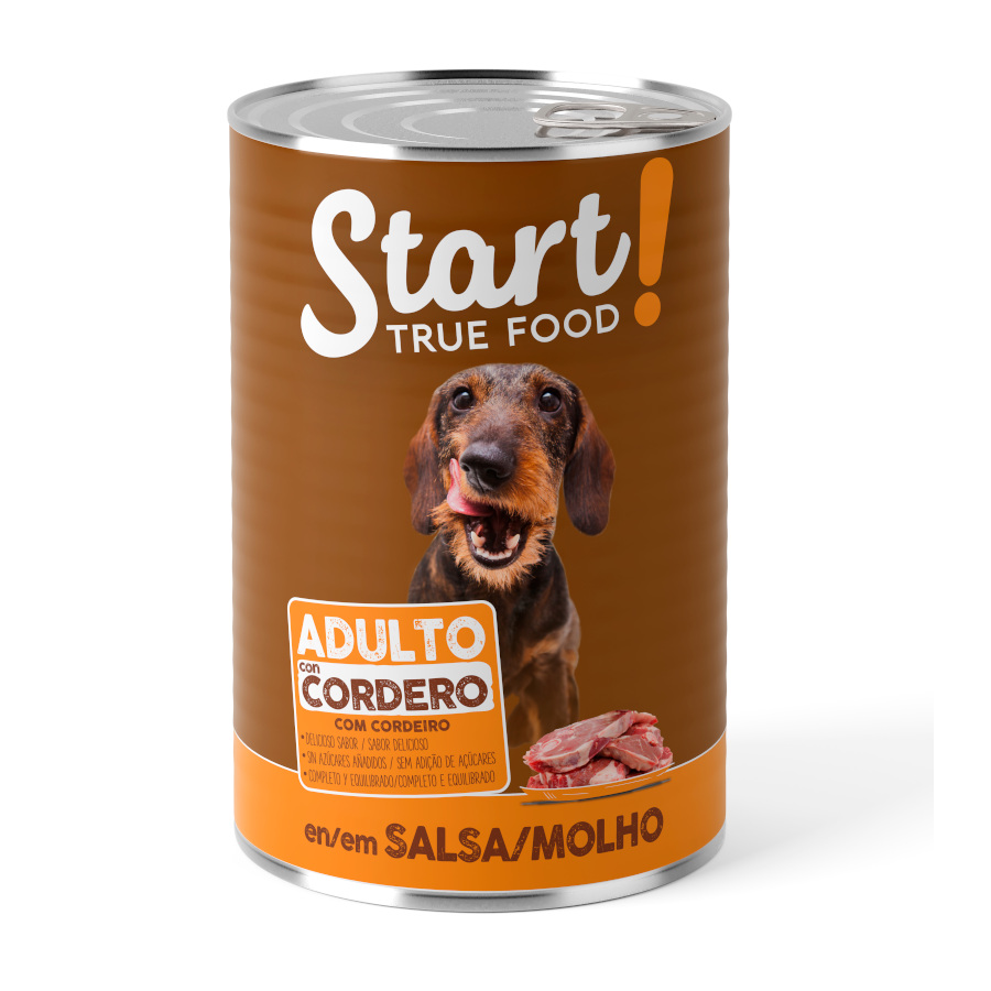 Start! Ração enlatada para cães adultos com frango, carne bovina e cordeiro ao molho – Pacote múltiplo