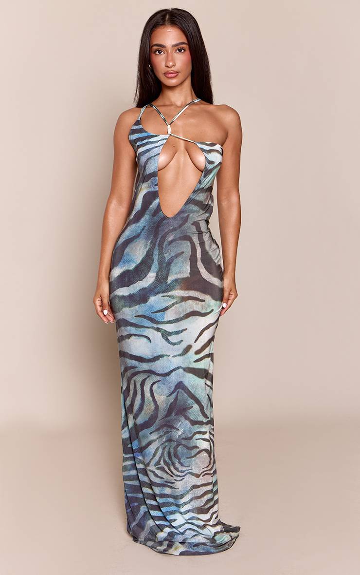 Bleu Robe Maxi À Imprimé Abstrait Flou Double Couche Toucher Doux Détail De Perles