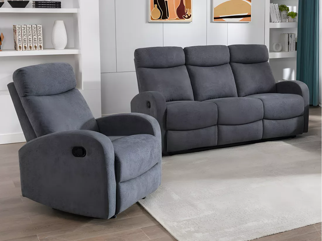 Canapé 3 places et fauteuil relax en tissu gris EVELYN