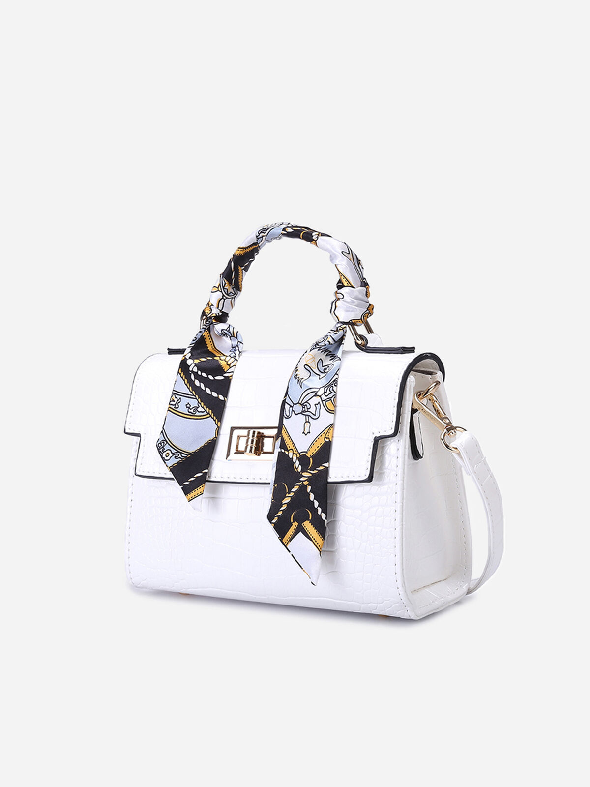 Sac à main effet croco avec foulard- Blanc