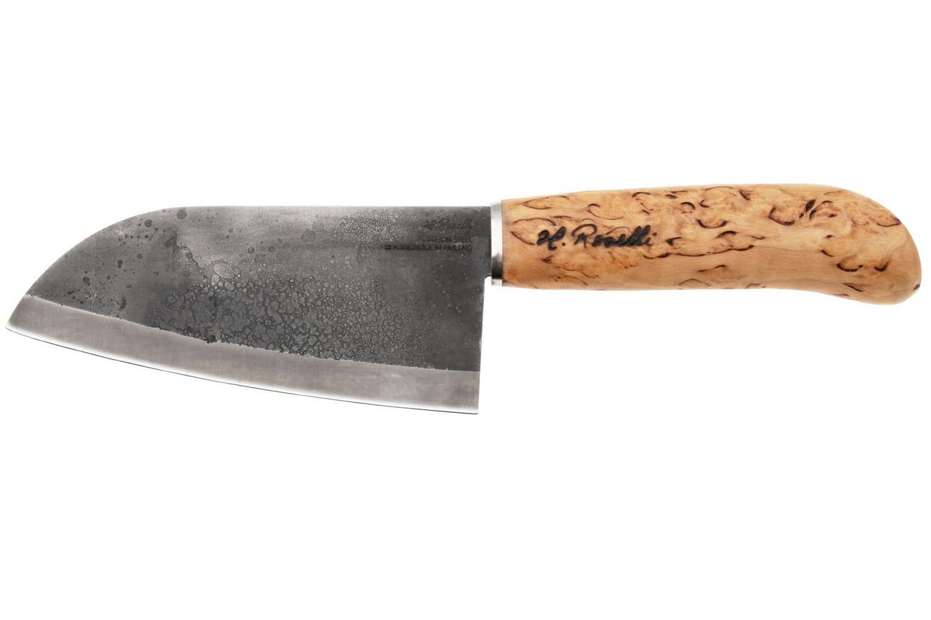 Roselli Small Chef Knife R700 Carbon Steel, Curly Birch, santokumes, 13.5 cm