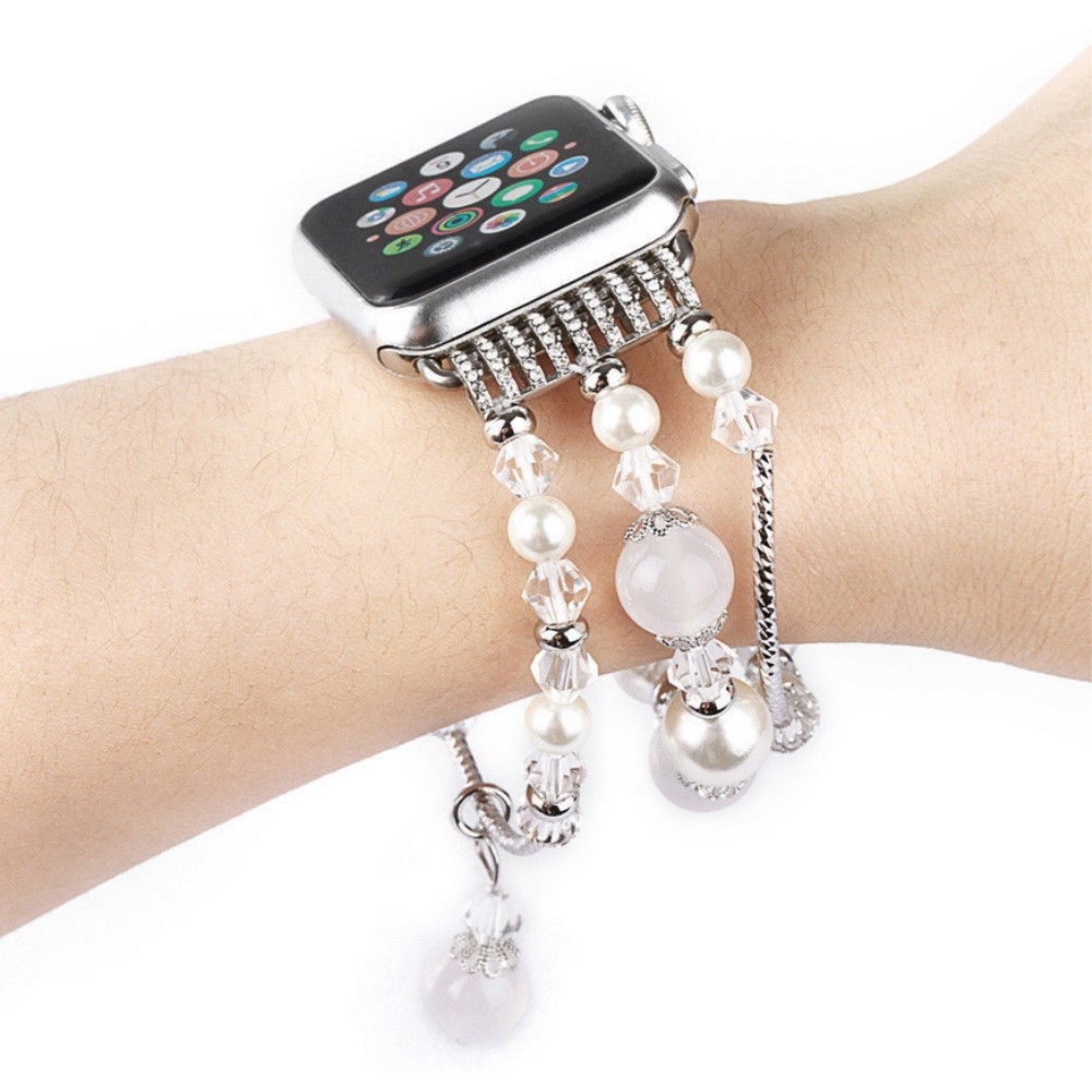 Apple Watch (42/41/40/38 mm) Elastisches Glitzer Perlen Ersatz Armband - Weiss