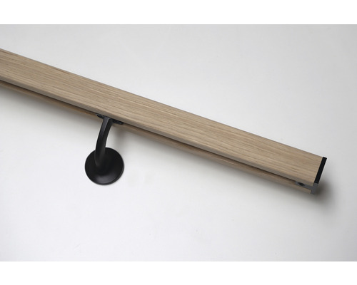 Pertura leuningset, trapeziumvormig sparrenhout (eiken omwikkeld), L: 1500 mm, inclusief 2 x leuningdragers, 2 x eindkappen