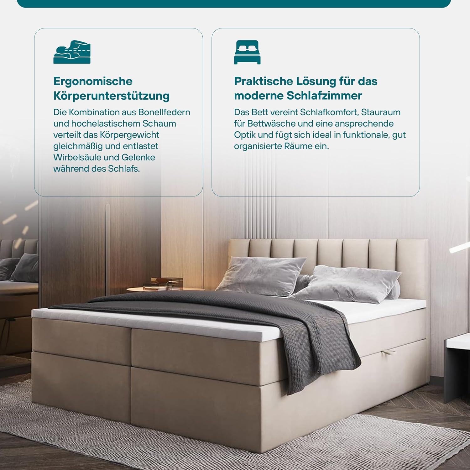 TRADA Boxspringbett mit Bettkästen und Bonell Matratze H3 - Elegant Bett Palermo mit Matratze und Topper - Grau - 200 x 200 cm