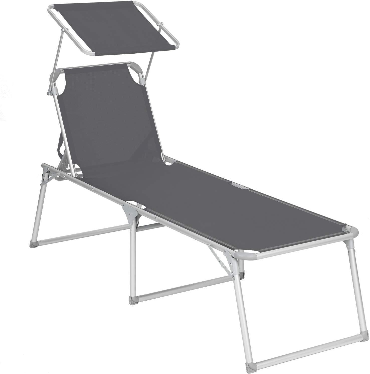 SONGMICS Sonnenliege mit Dach, Liegestuhl, Gartenliege, Aluminium, groß, 65 x 200 x 48 cm, bis 150 kg belastbar, Rückenlehne verstellbar, klappbar, Garten, Balkon, Terrasse, grau GCB26GY