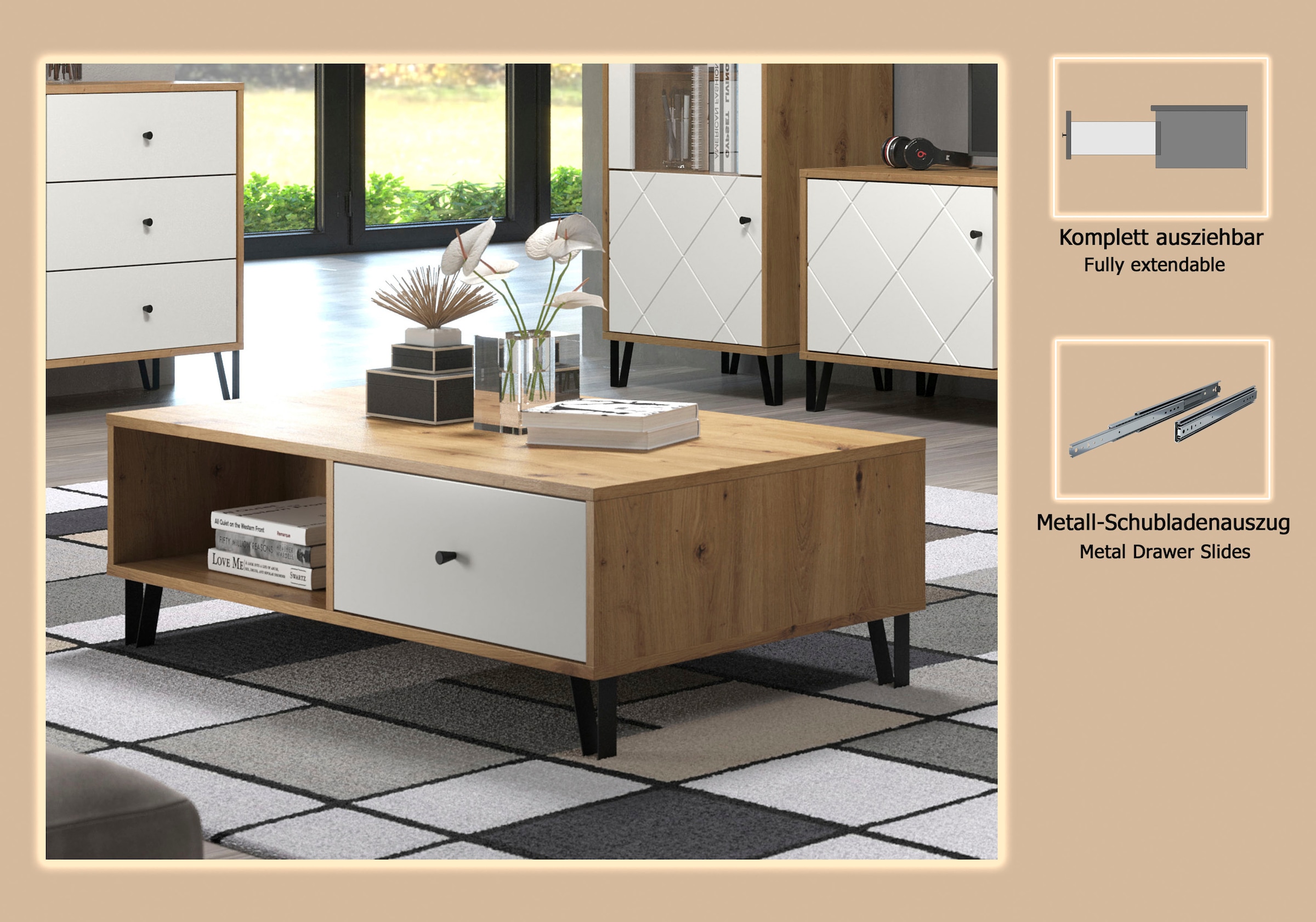 PLACES OF STYLE Couchtisch »Tarragona« Couchtisch m. 2 Schub.K, 2 Fächern & Soft-Close - (B/T/H) 110/60/37 cm