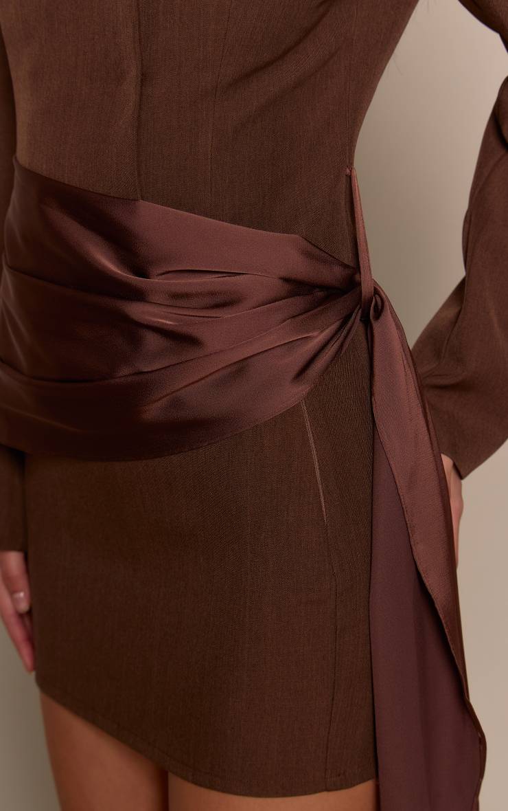 Marron Ensemble Blazer Drapé En Satin Sans Col Tissé