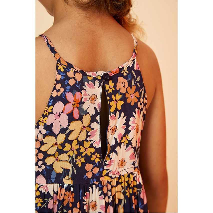 Robe longue en voile imprimé fleuri pour fille - Bleu marine