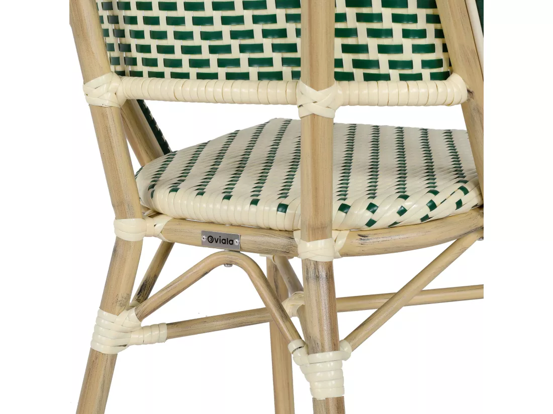 Chaise de terrasse bistrot parisien en aluminium et rotin vert foncé