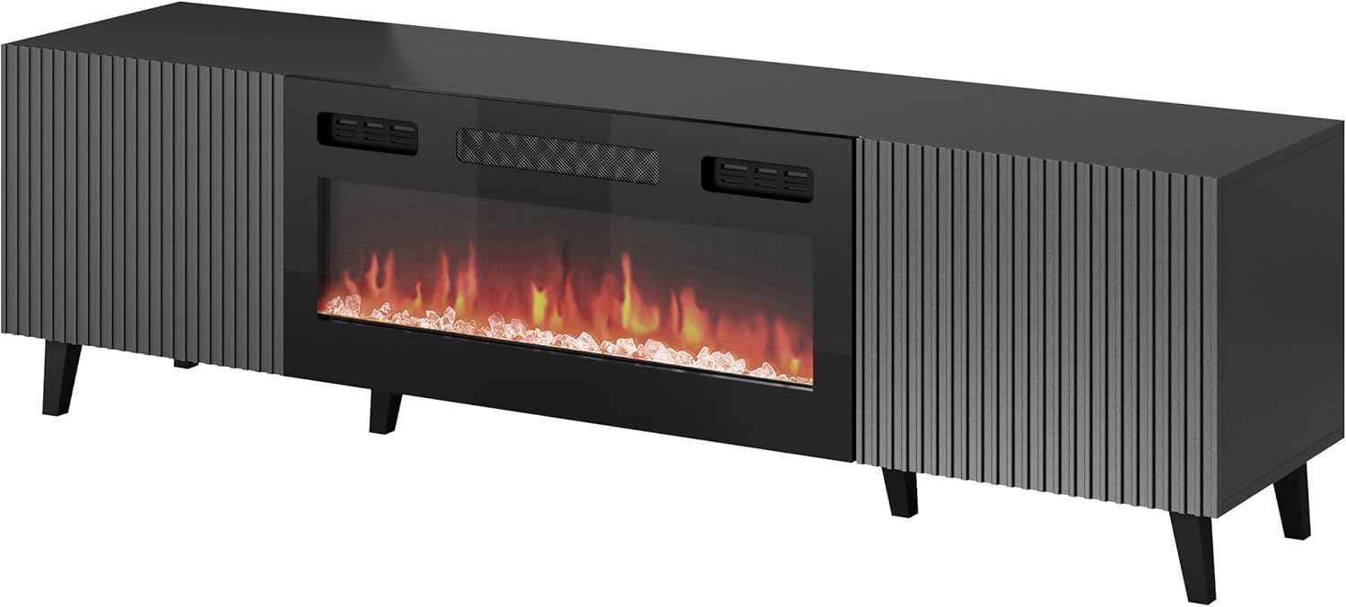 Mirjan24 TV Lowboard Vailbo Grey 180 mit Elektrischem Kamin, Fernsehschrank, Fernsehtisch, Unterschrank, Realistische LED-Flamme, Mit Deko-Kristallen, Board, Schrank, TV-Bank (Anthrazit)