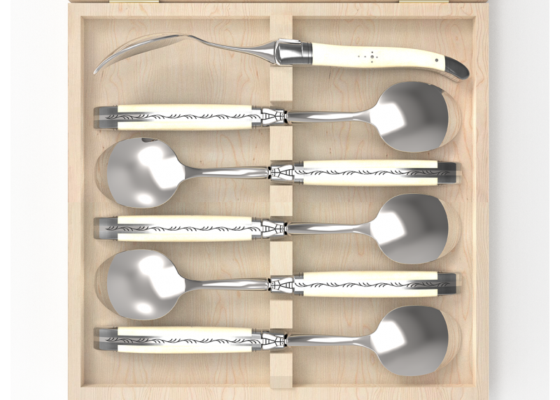 Service de 6 petites cuillères Laguiole avec un manche en os de bovin et mitres en acier inoxydable