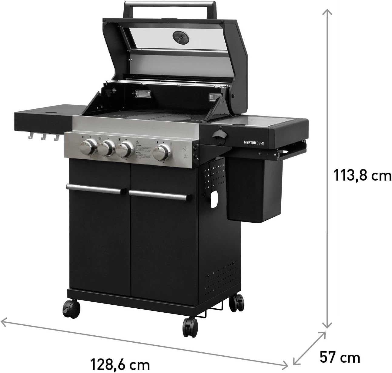 Gasgrill Hektor 3B-S inkl. Drehspieß, Abdeckhaube - All Inclusive mit 4 Grill-Utensilien - 3 Brenner, Sear-Brenner, Gusseisenroste, Seitenkocher für Garten und Terrasse