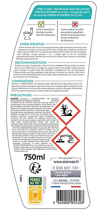 Désinfectant nettoyant gel javel WC Starwax 750 ml